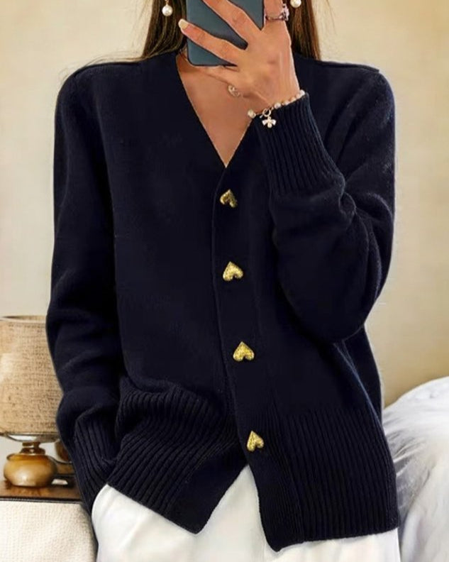Lenora™ - Heart Button Cozy Sweater