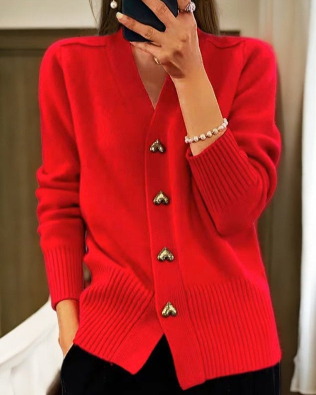 Lenora™ - Heart Button Cozy Sweater